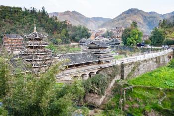 travel to China - view of Chengyang Wind and Rain Bridge (Fengyu Bridges of the Dong people) in Sanjiang Dong Autonomous County in spring season