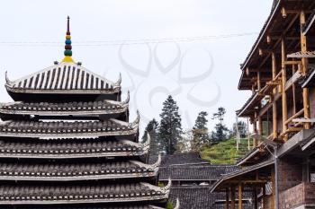 travel to China - tower in Folk Custom Centre of Chengyang village of Sanjiang Dong Autonomous County in spring