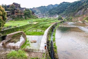 travel to China - view of irrigation canal and rice paddies in Chengyang village of Sanjiang Dong Autonomous County in spring season