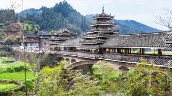 travel to China - one from several Chengyang Wind and Rain Bridge (Fengyu Bridges of the Dong people) in Sanjiang Dong Autonomous County in spring season