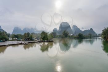 travel to China - panormic view of Yulong and Jinbao rivers and karst peaks in Yangshuo County in spring season