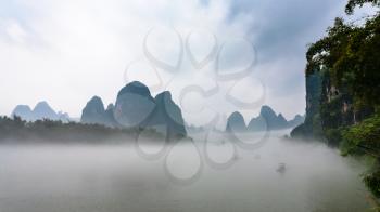 travel to China - panoramic view of fog over river near Xingping town in Yangshuo county in spring morning
