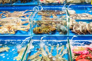 Travel to China - crabs, Crayfishess, scallops on Huangsha Aquatic Product Trading Market in Guangzhou city in spring season
