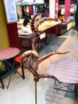 travel to China - chinese fast food, fried tentacles of octopus on stick in restaurant of Guilin city in spring evening