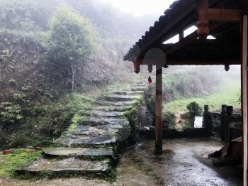 travel to China - wet steps near country house in Tiantou village in area Dazhai Longsheng Rice Terraces (Dragon's Backbone terrace, Longji Rice Terraces) in spring rain season