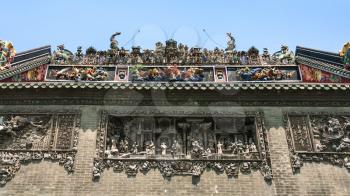 GUANGZHOU, CHINA - APRIL 1, 2017: wall of Chen Clan Ancestral Hall academic temple (Guangdong Folk Art Museum) in Guangzhou city. The house was prepared for the imperial examinations in 1894
