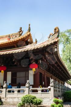 GUANGZHOU, CHINA - APRIL 1, 2017: people in patio of Guangxiao Temple (Bright Obedience, Bright Filial Piety Temple). This is is one of the oldest Buddhist temples in Guangzhou city