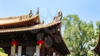 GUANGZHOU, CHINA - APRIL 1, 2017: decorated roof of Guangxiao Temple (Bright Obedience, Bright Filial Piety Temple). This is is one of the oldest Buddhist temples in Guangzhou city