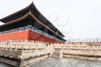 BEIJING, CHINA - MARCH 19, 2017: tourists near Imperial Ancestral Temple (Taimiao, Working People's Cultural Palace) in Beijing Imperial city in spring. The first Hall was built in 1420