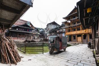 CHENGYANG, CHINA - MARCH 27, 2017: courtyard of country houses in Chengyang village of Sanjiang Dong Autonomous County in spring. Chengyang includes eight villages of the Dong people