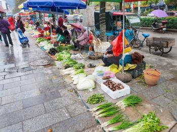 YANGSHUO, CHINA - MARCH 30, 2017: people and greenery on street outdoor market in Yangshuo city in spring. Town is resort destination for domestic and foreign tourists because of scenic karst peaks