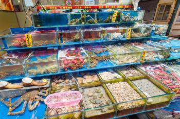GUANGZHOU, CHINA - MARCH 31, 2107: various seafood on Huangsha Aquatic Product Trading Market in Guangzhou city in spring season. This is the largest fresh water fish market in Southern China