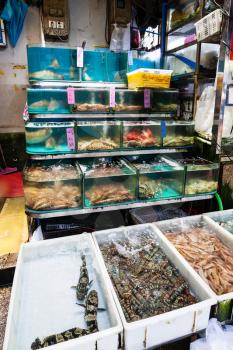 GUANGZHOU, CHINA - MARCH 31, 2107: aquariums and boxes with seafood on Huangsha Aquatic Product Trading Market in Guangzhou city. This is the largest fresh water fish market in Southern China