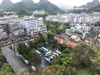 GUILIN, CHINA - MARCH 22, 2017: above view of Guilin city from viewpoint on The Solitary Beauty Peak. The city is in the northeast of China's Guangxi Zhuang Region, there are about 4,8 mln inhabitants