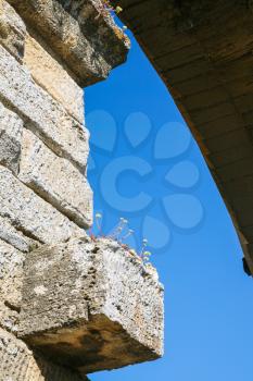 Travel to Provence, France - stone support of ancient Roman aqueduct Pont du Gard close up