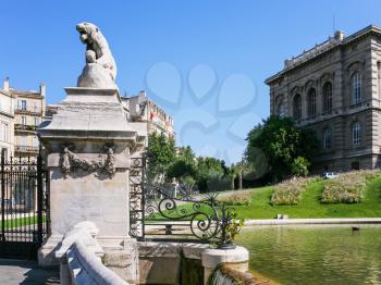 Travel to Provence, France - Lion statue on gate of Palais (Palace) Longchamp in Marseilles city