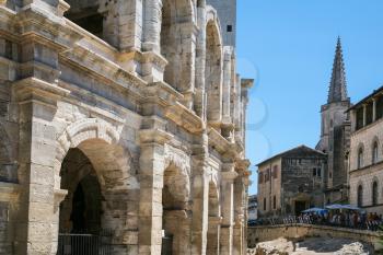 Travel to Provence, France - walls of Arenes d'Arles (Roman Amphitheater) in Arles city
