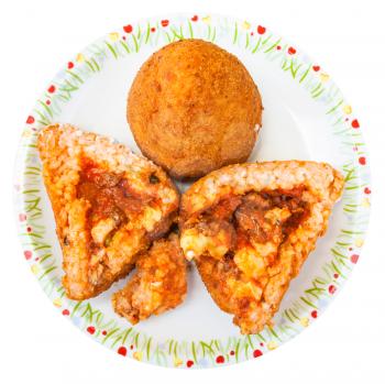 traditional sicilian street food - top view of meat ragu stuffed rice balls arancini on plate isolated on white background