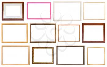 set of various modern wooden picture frames with cut out canvas isolated on white background