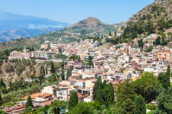 travel to Sicily, Italy - skyline of Taormina city in summer day