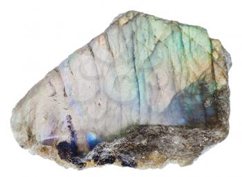 macro shooting of natural mineral rock - labrador (labradorite) gemstone with polished surface of isolated on white background from Madagascar