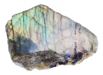 macro shooting of natural mineral rock - labrador (labradorite) stone with polished surface of isolated on white background from Madagascar