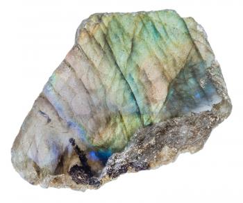macro shooting of natural mineral rock - polished slab of labrador (labradorite) stone isolated on white background from Madagascar