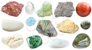 various specimens on natural mineral rocks isolated - larimar, turquoise, rock crystal, basalt, narsarsukite, coral, limestone, chalcopyrite, vesuvianite, labradorite, zoisite, magnesite, moonstone