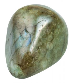 macro shooting of natural mineral rock - tumbled labrador (labradorite) stone isolated on white background from Madagascar