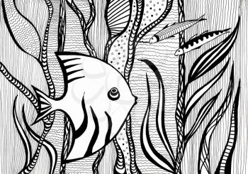 hand painted angelfish between algae under water in sea drawn by black felt pen on white paper