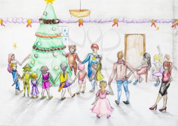 hand painted sketch of round dance around Christmas tree in kindergarten drawn by colour pencil on white paper