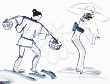 training drawing in suibokuga style with watercolor paints - sketches of peasant with yoke and japanese woman with umbrella on white paper