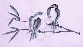 training drawing in suibokuga style with watercolor paints - sketches of birds on twig on pink colored paper