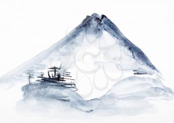 training drawing in suibokuga style with watercolor paints - view of Mount Fuji on white paper