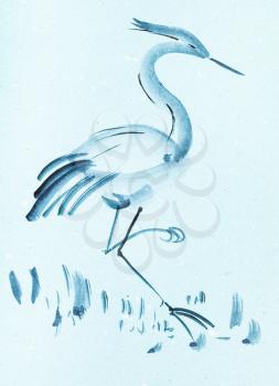 training drawing in suibokuga style with watercolor paints - heron bird on blue colored paper