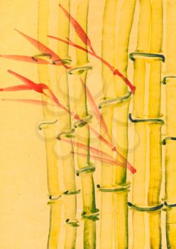 training drawing in suibokuga style with watercolor paints - bamboo grove on yellow colored paper