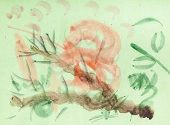 training drawing in suibokuga style with watercolor paints - various sketches on green colored paper