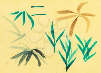 training drawing in suibokuga style with watercolor paints - sketches of grass on yellow colored paper