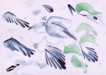 training drawing in suibokuga style with watercolor paints - brushstrokes for birds on pink colored paper