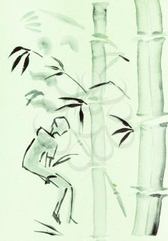 training drawing in suibokuga style with watercolor paints - woman and bamboo on green colored paper
