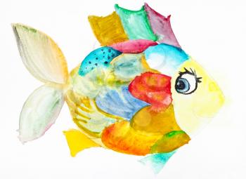 hand painted fanny fish with multicolored scales drawn by watercolors on white paper