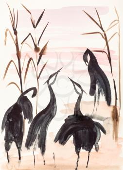 training drawing in suibokuga style with watercolor paints - Cranes on the lake shore at sunset on ivory colored paper