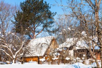 new wooden cottage in russian village in sunny winter day in Smolensk region of Russia