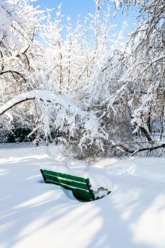green bench in snow-covered urban garden in Moscow city in sunny winter morning