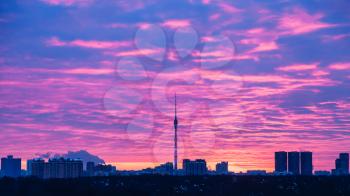 panoramic view of Moscow city with TV Tower at spring sunrise
