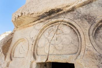 Travel to Turkey - outdoor decor of ancient cave church near Goreme town in Cappadocia region
