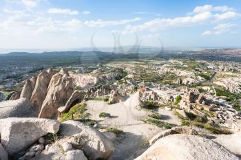 Travel to Turkey - observation deck over Uchisar village and valley in Nevsehir Province in Cappadocia in spring