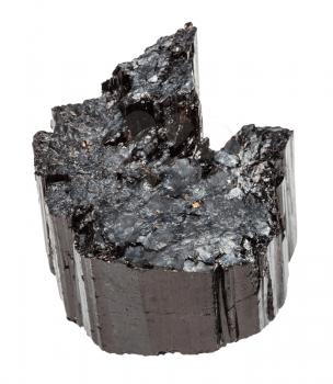 macro shooting of natural rock specimen - raw crystal of black Tourmaline (Schorl) gemstone isolated on white background