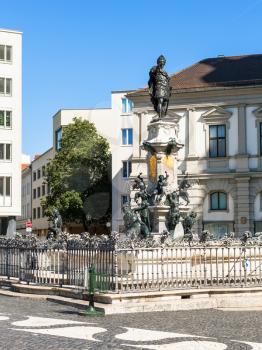 Travel to Germany - Augustusbrunnen (Augustus) fountain on Rathausplatz square in Augsburg city in sunny spring day