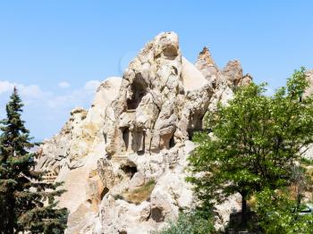 Travel to Turkey - rock-cut ancient cave churches near Goreme town in Cappadocia in spring